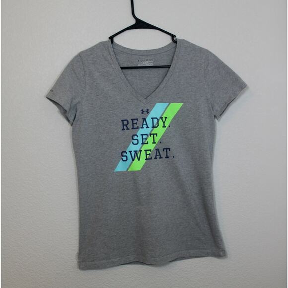 UNDER ARMOUR Women's Athletic Gray, Cotton T-Shirt, Medium, Ready Set Sweat - Picture 1 of 9